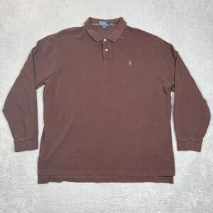Vintage Polo Ralph Lauren Mens XXL Brown Long Sleeve Pique Polo Shirt Cotton Y2K